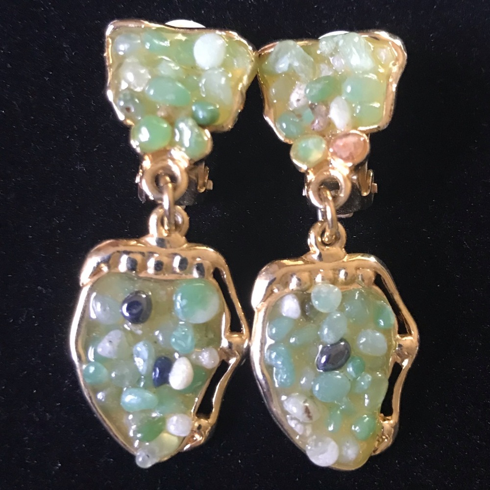 Vintage Two Sisters Clip On Earrings Genuine Stones Handcrafted